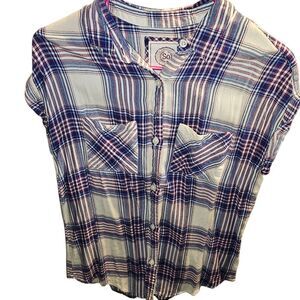SO Blue and White Button Down Shirt Casual Plaid